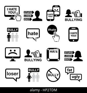 Cyberbullying vector icons set. Harass, bully other people vector icons set isolated on white Stock Vector