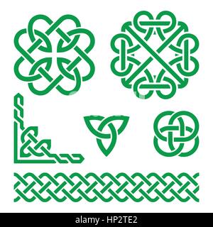 Celtic knots green patterns - vector. Set of traditional Celtic symbols, knots, braids isolated on white Stock Vector