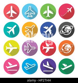 Plane, flight, airport - flat design icons. Vector colorful icons set of plane isolated on white Stock Vector