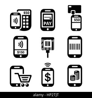Mobile or cell phone payments, paying online with smartphone icons.  Vector icons set of Mobile web payments (WAP) isolated on white Stock Vector