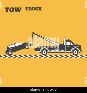 Tow truck emblem. Wrecker icon. Round the clock evacuation of cars. Design can be used as a logo, a poster, advertising, singboard. Vector element of  Stock Vector