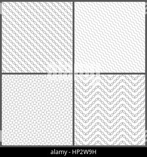 Seamless pattern. Collection of four simple stylish textures. Repeating geometric shapes, oval, ellipses, zigzags, waves. Monochrome. Backdrop. Web. V Stock Vector