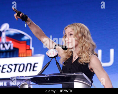 Singer Madonna speaks to the media during a press conference for the Super Bowl XLVI half time show in Indianapolis, Indiana on February 2, 2012. Photo by Francis Specker Stock Photo