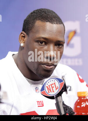 New York Giants' Jason Pierre-Paul speaks to the media at the Super Bowl XLVI Media Day in Indianapolis, Indiana on January 31, 2012. Francis Specker Stock Photo