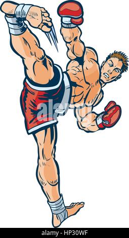 Vector cartoon clip art illustration of a kickboxer executing a high side kick toward the viewer. Stock Vector