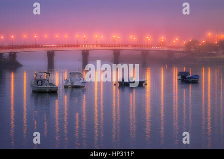 Reflections in Plentzia bridge on foggy night Stock Photo