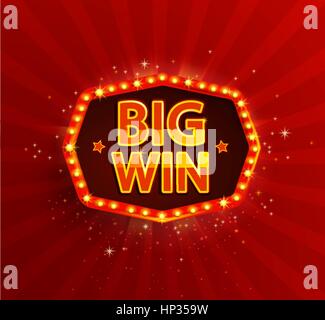 Big win retro banner with glowing lamps. Vector illustration for winners of poker, cards, roulette and lottery. Vintage light frame. Red background. Stock Vector