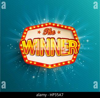 The winner retro banner with glowing lamps. Vector illustration for winners of poker, cards, roulette and lottery. Vintage light frame. Stock Vector