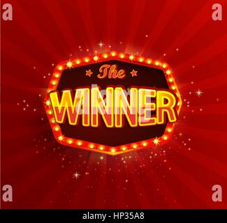 The winner retro banner with glowing lamps. Vector illustration for winners of poker, cards, roulette and lottery. Vintage light frame. Stock Vector