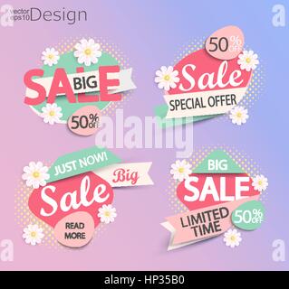 Sale - set of fashion color modern labels with halftone background and flowers. Sale and discounts. Vector illustration. Stock Vector