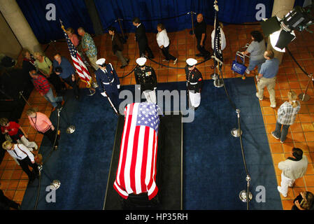 The public lines up the view the casket of President Ronald Reagan at the Reagan Library in Simi Valley, California on June 8, 2004.  Photo credit: Francis Specker Stock Photo