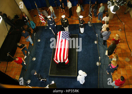 The public lines up the view the casket of President Ronald Reagan at the Reagan Library in Simi Valley, California on June 8, 2004.  Photo credit: Francis Specker Stock Photo