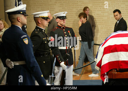 The public lines up the view the casket of President Ronald Reagan at the Reagan Library in Simi Valley, California on June 8, 2004.  Photo credit: Francis Specker Stock Photo