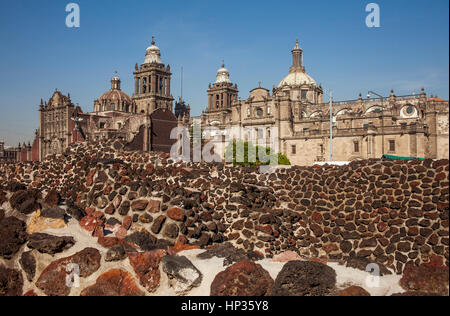 The Aztecs Ruins of Templo Mayor, Archaeological Site, in backgroubd The Metropolitan Cathedral, historic center, Mexico City, Mexico Stock Photo