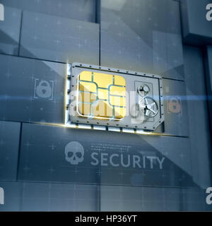 Network security. sim card safe deposit box's digital vault door in abstract techno wall. 3d Stock Photo