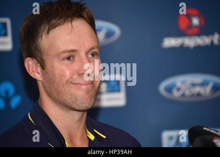 Auckland, New Zealand. 18th Feb, 2017. AB de Villiers of South Africa speaks to the media after his team winning the international Twenty20 cricket match against New Zealand in Auckland, New Zealand on Feb 18. Credit: Shirley Kwok/Pacific Press/Alamy Live News Stock Photo