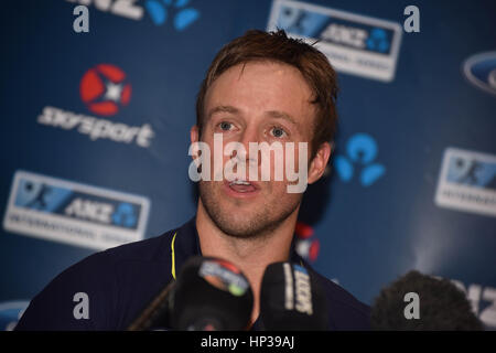 Auckland, New Zealand. 18th Feb, 2017. AB de Villiers of South Africa speaks to the media after his team winning the international Twenty20 cricket match against New Zealand in Auckland, New Zealand on Feb 18. Credit: Shirley Kwok/Pacific Press/Alamy Live News Stock Photo