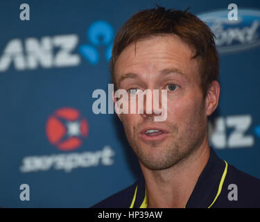 Auckland, New Zealand. 18th Feb, 2017. AB de Villiers of South Africa speaks to the media after his team winning the international Twenty20 cricket match against New Zealand in Auckland, New Zealand on Feb 18. Credit: Shirley Kwok/Pacific Press/Alamy Live News Stock Photo