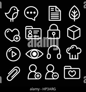 Website menu navigation white line icons on black - social media, blog, web page. Internet, application black vector icons isolated on black Stock Vector