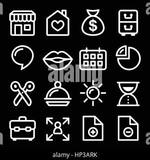 Website menu navigation white line icons on black. Navigation menu stroke icons set isolated on black - social media, web page Stock Vector