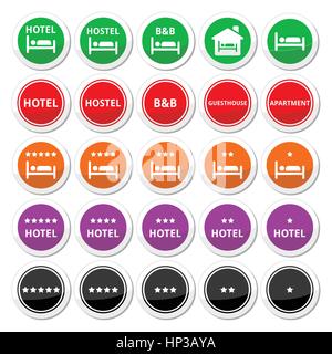 Hotel, hostel, B&B with stars round buttons set. Travel vector icons - man sleeping in bed black signs isolated on white Stock Vector