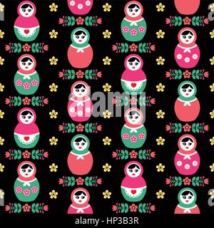 Russian doll Matryoshka folk seamless pattern on black. Russian dolls retro colorful repetitive background with flowers Stock Vector