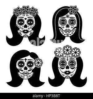 Mexican La Catrina - Day of the Dead girl skull. Dia de Los Muertos, woman skull icons set isolated on white Stock Vector