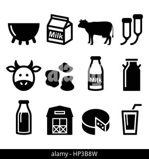 Milk, cheese production, cow vector icons set. Farm animals - cows icons set isolated on white Stock Vector