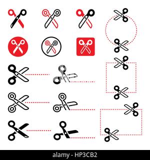 Scissors with cut lines icons set. Vector tools black and red icons set - scissors isolated on white Stock Vector