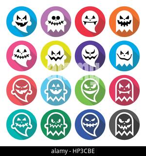 Halloween scary ghost, spirit flat design icons set. Vector round icons set for Halloween - cartoon ghost character isolated on white Stock Vector