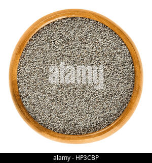 Gray poppy seeds in wooden bowl. Oilseed from opium poppy Paper somniferum with tiny kidney shaped seeds. Stock Photo