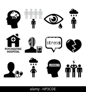 Mental health icons - depression, addiction, loneliness concept. Vector icons set - mental health isolated on white Stock Vector
