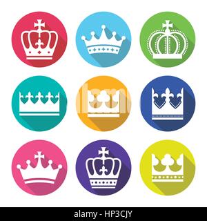 Crown, royal family flat design icons set. King, Queen crown vector modern flat design icons set isolated on white Stock Vector