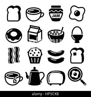 Breakfast food vector icons set - toast, eggs, bacon, coffee. Vector icons set of different breakfast food isolated on white Stock Vector