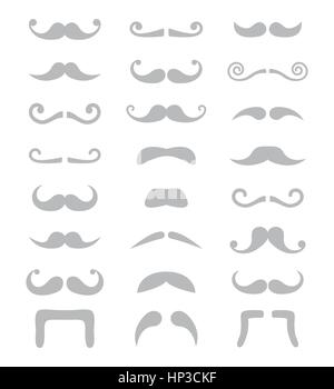 Grey moustache or mustache, seniors vector icons set Moustache different types in grey icons set isolated on white Stock Vector