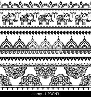 Mehndi, Indian Henna tattoo seamless pattern with elephants Stock Vector