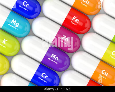 3d rendering of pills with dietary supplements lying on table Stock Photo