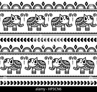 Mehndi, Indian Henna tattoo seamless pattern with elephants Stock Vector
