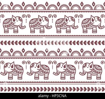 Mehndi, Indian Henna tattoo seamless pattern with elephants Stock Vector