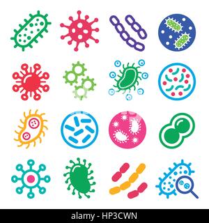 Bacteria, superbug, virus icons set - disease concept. Vector icons set of different shapes of bacteria isolated on white Stock Vector