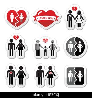 Couple breakup, divorce, broken family vector icons set. Icons set isolated on white - broken heart concept Stock Vector