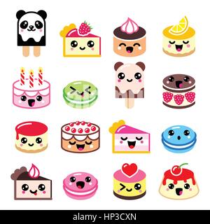 Cute Kawaii dessert - cake, macaroon, ice-cream icons. Vector icons set of Kawaii food isolated on white Stock Vector