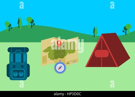 Camping concept with tent, backpack, map and compass. Green glade with hills and trees in the background. Camping, hiking, nature tourism, Vector Stock Vector