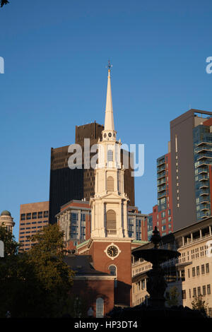 The Spire of The Park Street Church on the corner of Park St and Tremont St near Boston Common Boston Massachusetts USA