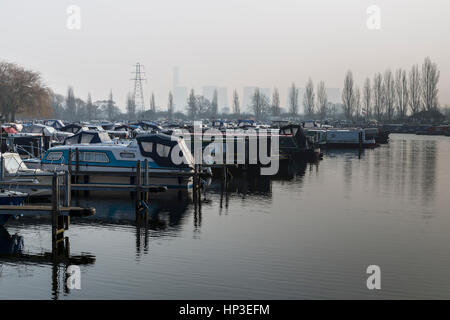 Cruisers and Canal Boats Moored at Sawley Marina on February Morning Stock Photo
