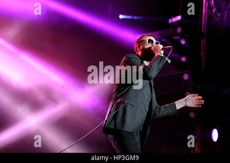 BENICASSIM, SPAIN - JULY 18: Tom Meighan, singer of Kasabian (rock band), performs at FIB Festival on July 18, 2014 in Benicassim, Spain. Stock Photo