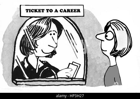 Business illustration of a mentor giving a businesswoman 'a ticket to her career'. Stock Photo