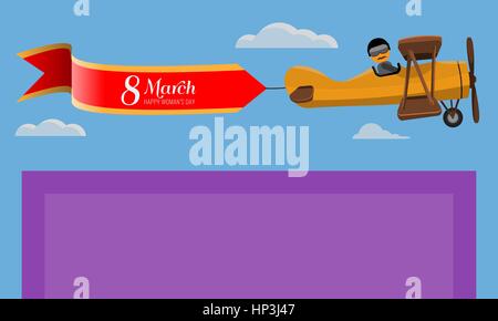 8 March. Creative Greeting card. Happy Women's Day. Vintage plane flying on top of card. Poster template. Vector illustration Stock Vector