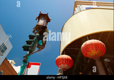 China town on blue sky background. Street in san francisco china town Stock Photo