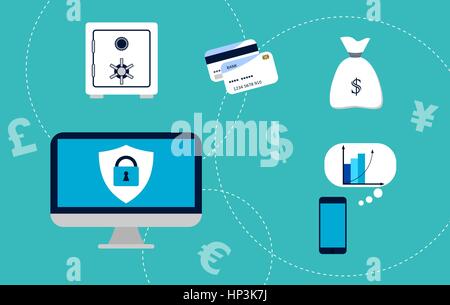 PC screen with the shield and padlock surrounded by financial items. Electronic Banking, e commerce, online safety, concept. Internet banking. Vector Stock Vector